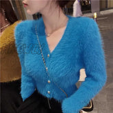 Hnewly V Neck Cropped White Mohair Knitted Cardigan Retro Casual Lazy Oversized Sueters Sweaters
